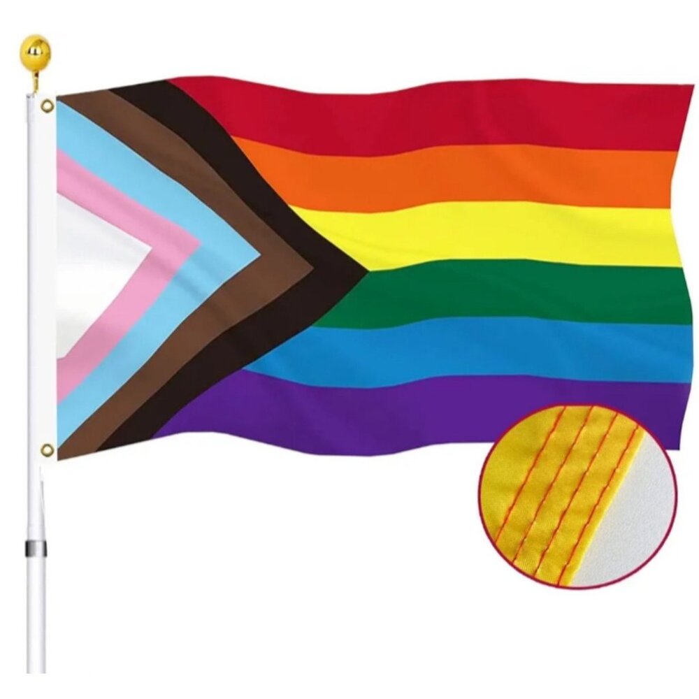 Progress Pride Flag*Gay*LGBTQ+*5x3 Ft*Heavy-Duty Brass Grommets*Sewn Edges*NIP